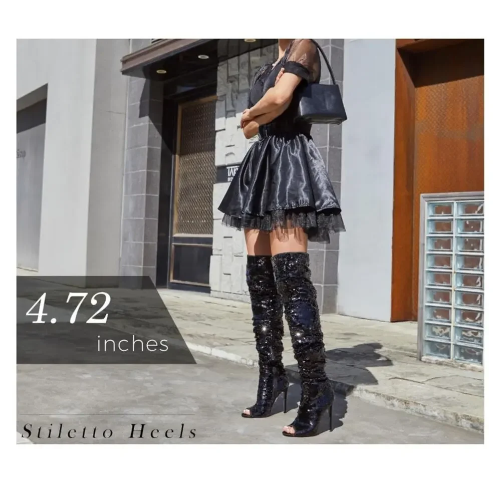 CAMSSOO Women's Sparkle Sequins Over The Knee Boots Sexy High Heels Open Toe 9.5